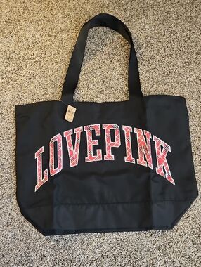 PINK Victoria's Secret Black Tote with Red Plaid LOVE PINK Logo